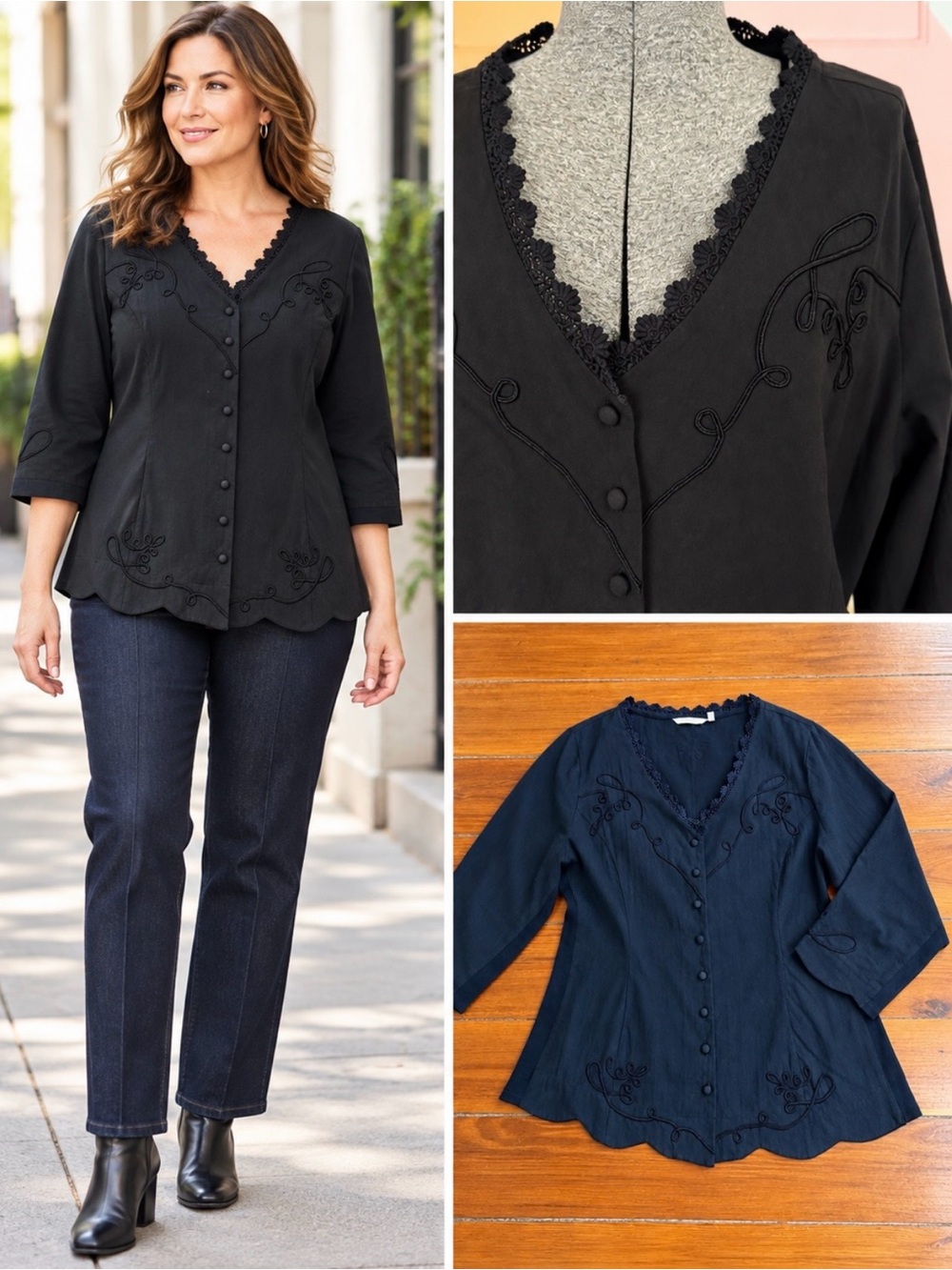 Soft Surroundings Soutache Embroidered Scalloped Hem Cotton Blouse XL 💛🍄